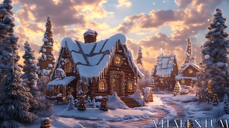 Sugar-dusted log cabins glowing under peppermint skies.