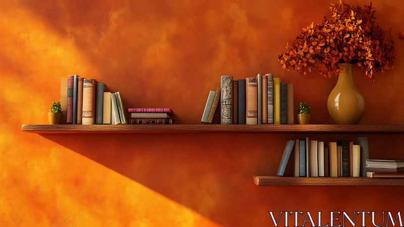 Warm-toned wall shelves stage books and foliage decor precisely