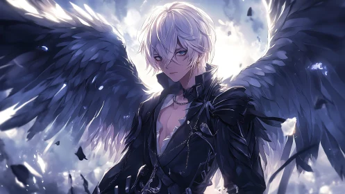 Silver haired fallen angel stands in shattered celestial light