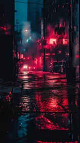 Neon rain floods a moody city alley in crimson reflections.