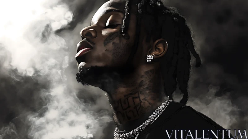 Portrait of tattooed man exhaling smoke in moody darkness.