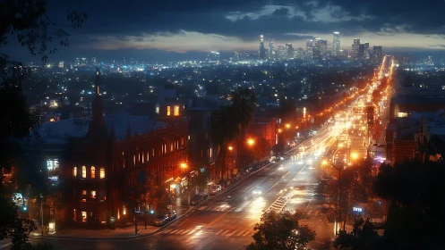 Rain-soaked city avenue glows under stormy twilight sky