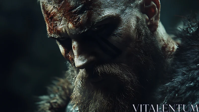 War-torn berserker close-up under harsh cinematic light.