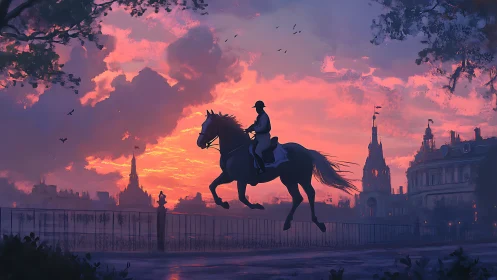 Silhouetted rider crosses city bridge under blazing sunset sky.