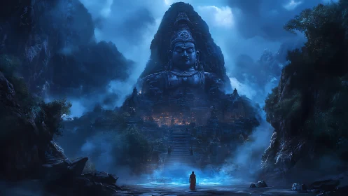 Moonlit mountain deity and lone pilgrim at misted gate.