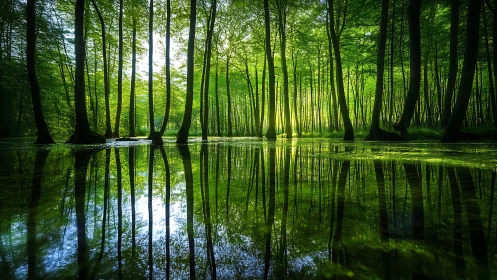 Sunlit forest with tranquil water reflections in vibrant green tones.