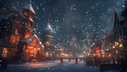 Snowy festive street under warm holiday lantern light.