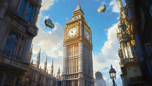 Big Ben under bright skies with whimsical flying airships.