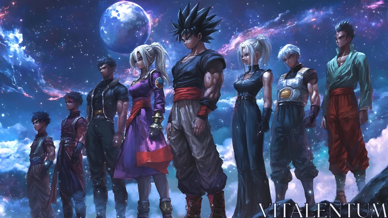 Starlit anime warriors stand united beneath a glowing cosmic sky