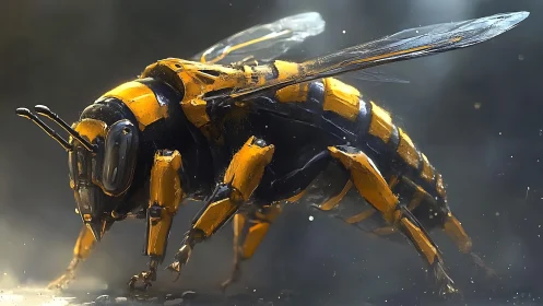 Titan mech-hornet strides through misty metallic dawn.