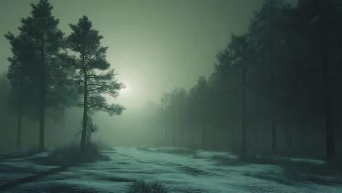 Moonlit hush over frostbitten pines in emerald fog.