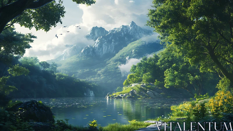 Sunlit mountain lake nestles in a tranquil emerald forest