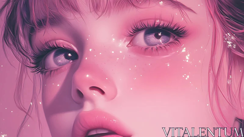 Close-up stylized pink portrait shows glittered youthful face