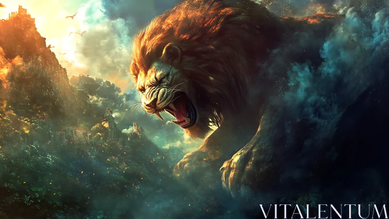 Titanic spectral lion emerging over luminous jungle citadel.
