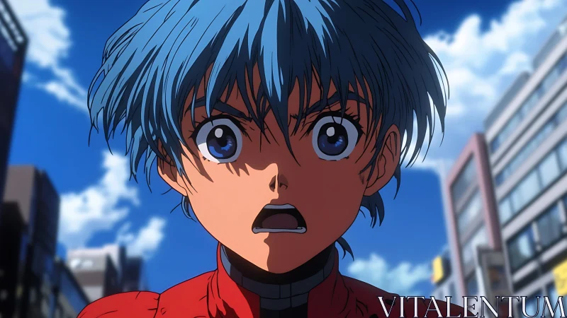 Blue haired teen in scarlet jacket under dynamic city sky.