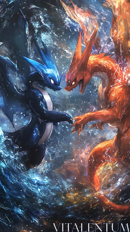 Elemental dragon duel with fire and water contrasts.