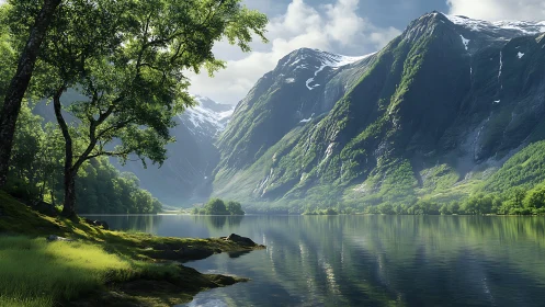 Mountain lake valley with steep cliffs and green forest.