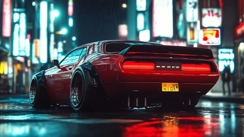 Red sports coupe on wet urban street at night in neon light.