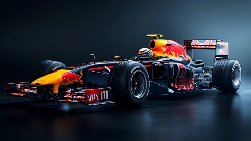 Aerodynamic Red Bull Formula chassis under studio keylight.