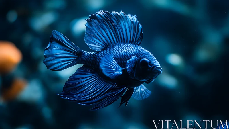 Blue ornamental fish with extended fins in dark water.