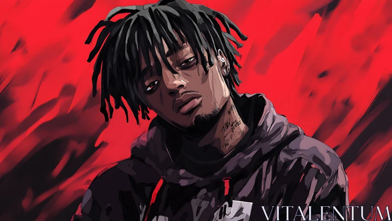 Moody hooded figure stares forward against red abstract field