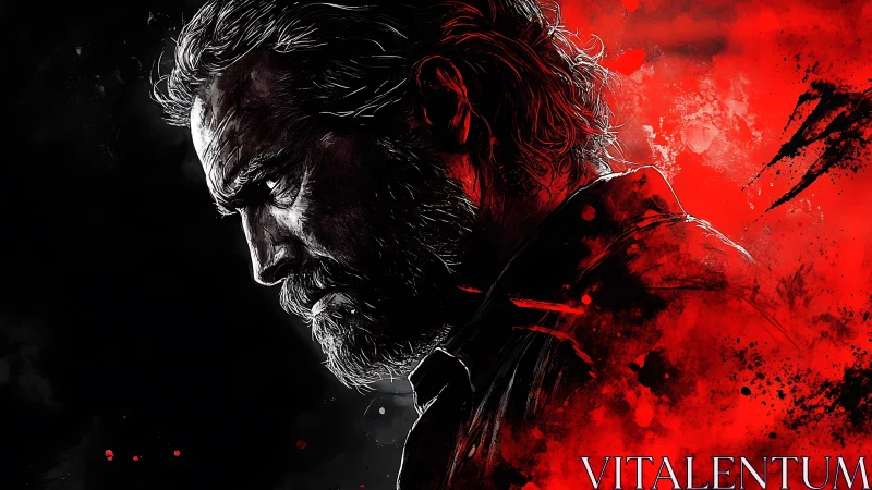 Brooding warrior in red and shadow, caught in quiet resolve.