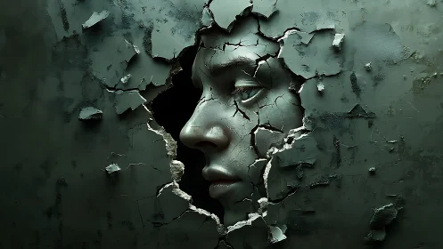 Cracked wall gently reveals a quiet, emerging human face