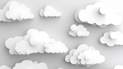 White Paper Clouds on Soft Gray Background, Minimalist 3D Style.