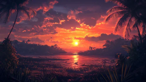 Tropical sunset blazes over tranquil palm-framed lagoon.