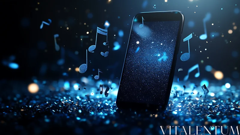 Smartphone emits glowing blue musical notes in bokeh field.