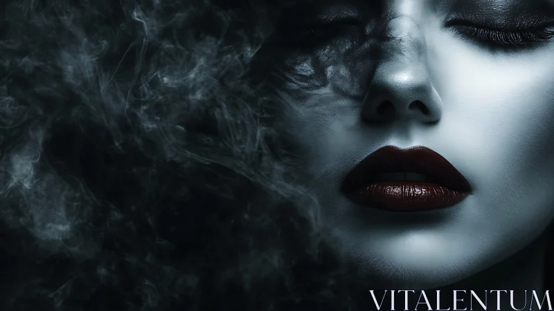 Close cropped female face in smoke with high contrast lighting.