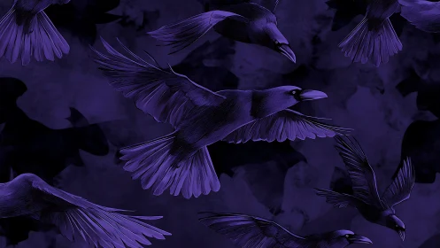 Midnight ravens drifting through a deep violet dreamscape.