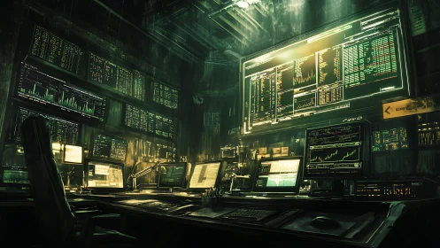 Cybernetic trading command center with illuminated data walls.