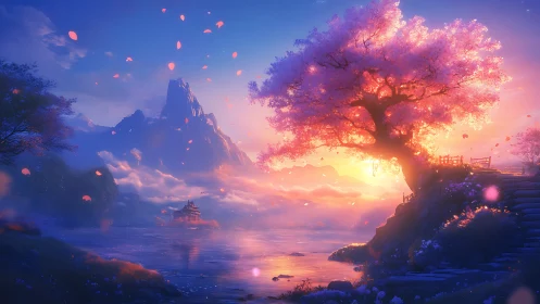 Sunlit cherry tree crowns tranquil misty mountain lake