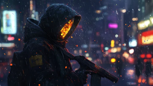 Hooded armed figure with fiery face in rainy city street.