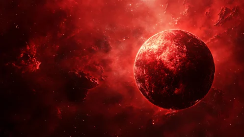 Crimson planet drifts through a storm of burning nebulae