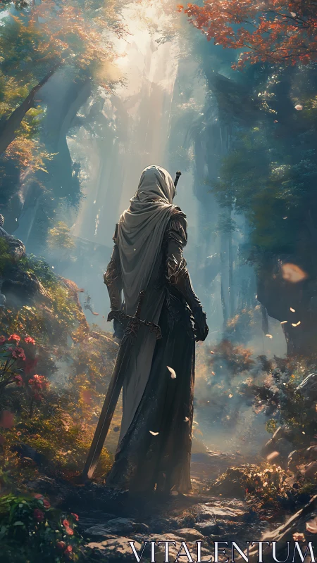 Hooded warrior stands in glowing forest path with sword drawn