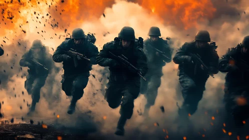 Soldiers sprint through battlefield explosions and smoke.