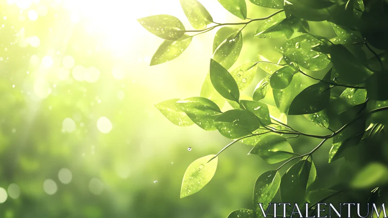 Sunlit Green Leaves with Dew in Soft, Dreamy Nature Scene.