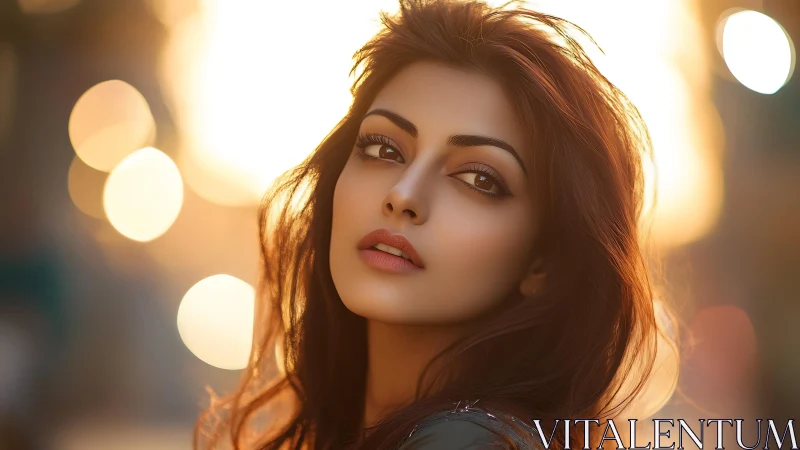 Portrait of young woman with warm bokeh sunset background.