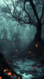 Burned forest floor with glowing embers beneath dark trees.