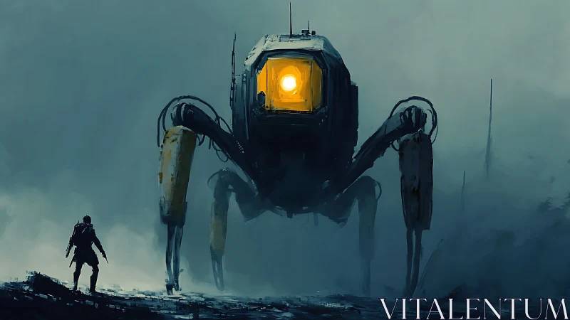 Giant quadruped robot facing lone figure in misty landscape.