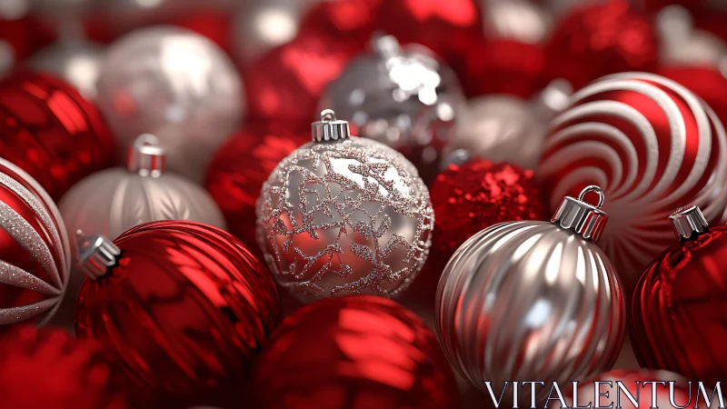 Red and silver Christmas ornaments in close clustered view.