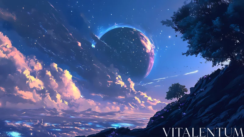 Distant planet over sloped terrain beneath illuminated clouds