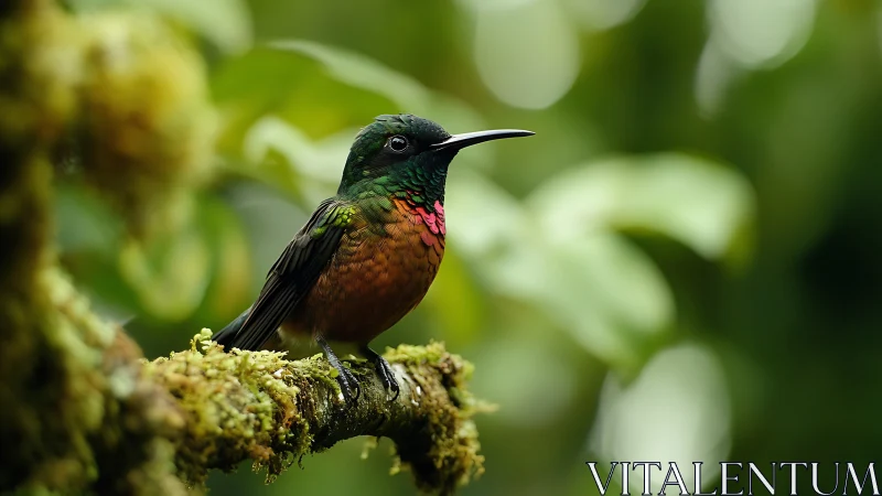 Vibrant hummingbird perched on mossy branch in lush nature photograph.