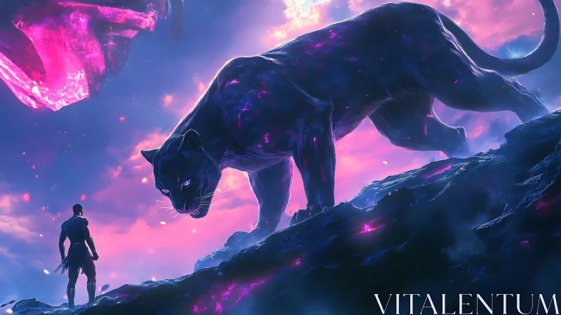 Spectral Feline Guardian: Neon-Infused Beast Against Hyperspace Backdrop.