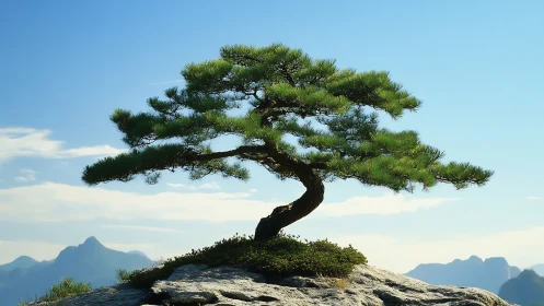 Solitary windswept pine poised above distant blue peaks.