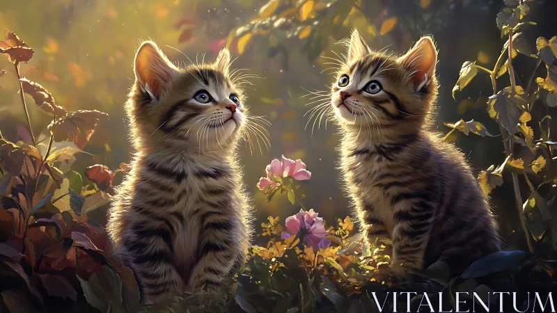 Two tabby kittens with enhanced luminosity and volumetric atmospheric rendering in stylized garden