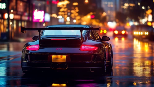 Sleek sports car glowing on a rainy neon city street at night.