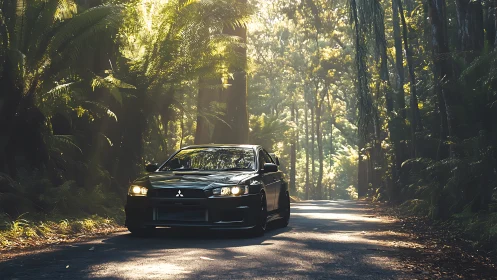 Black Mitsubishi sports sedan on shaded forest road under dappled light